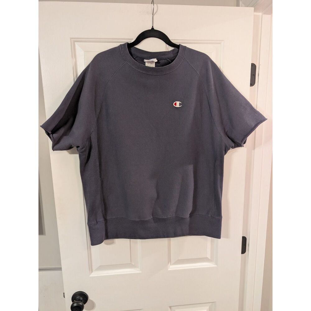 Champion Reverse Weave Short Sleeve Sweatshirt Mens Large Navy Raw Edge Crewneck